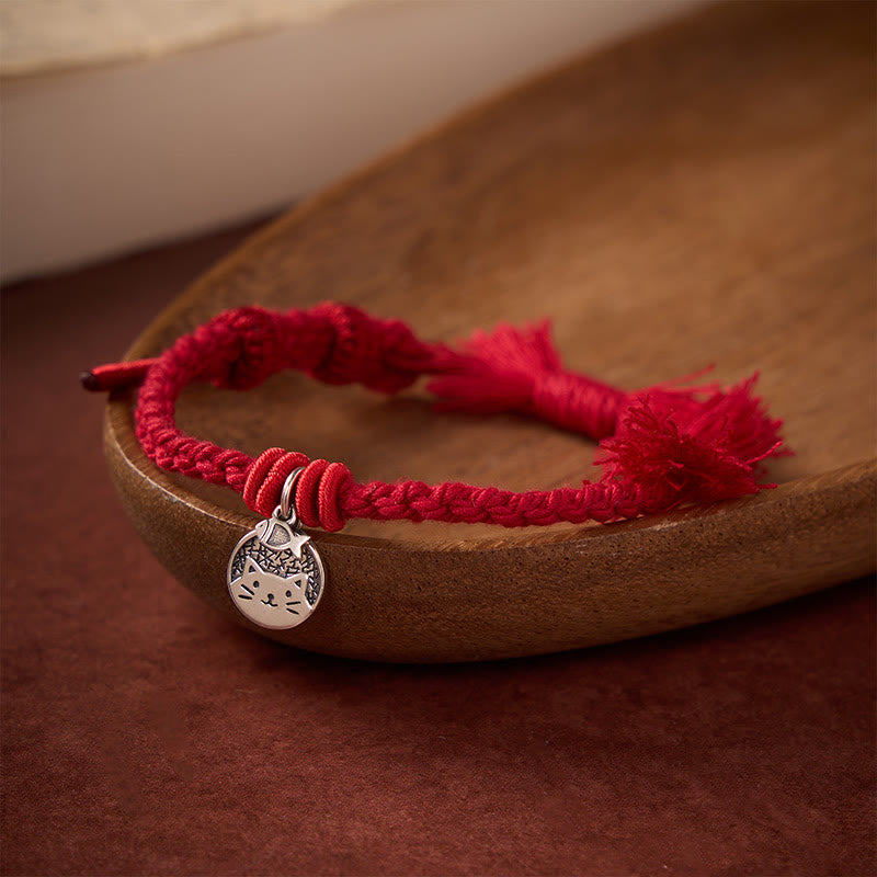 Buddha Stones 925 Sterling Silver Cute Cat Fish Protection Tibet Red String Adjustable Bracelet