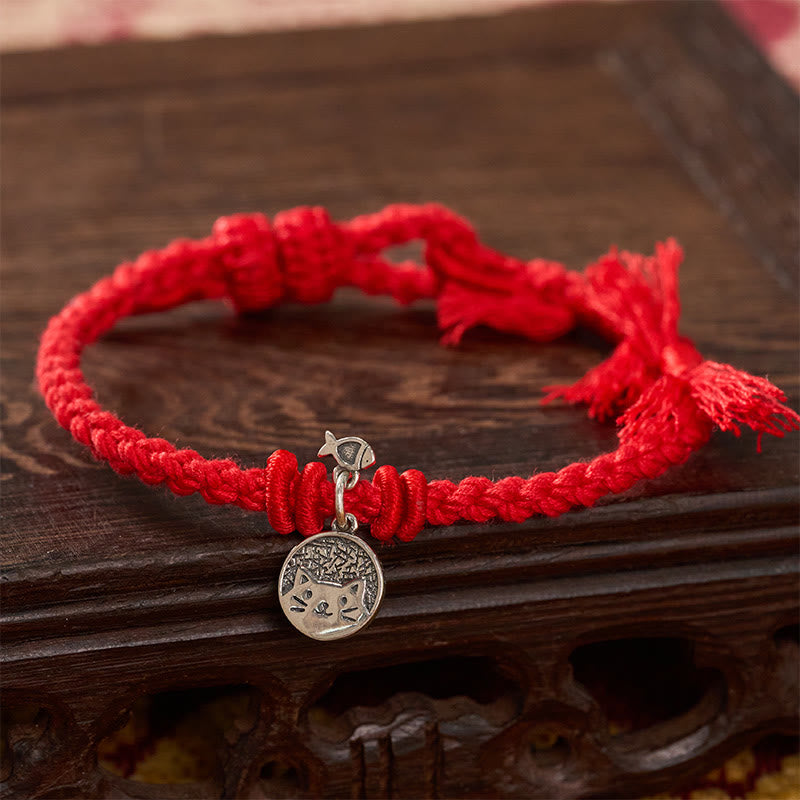 Buddha Stones 925 Sterling Silver Cute Cat Fish Protection Tibet Red String Adjustable Bracelet