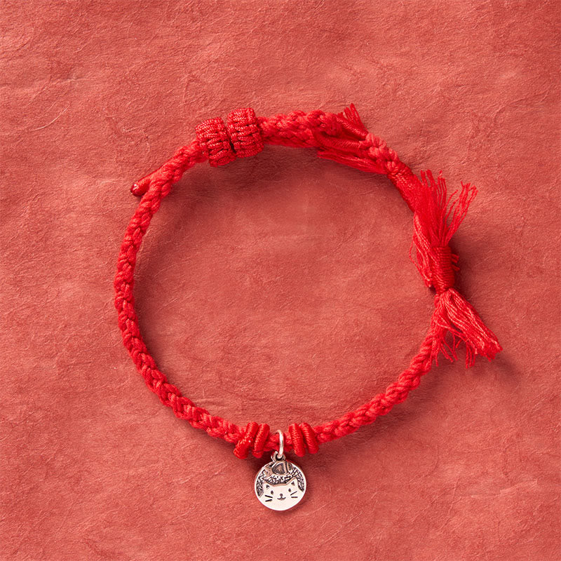 Buddha Stones 925 Sterling Silver Cute Cat Fish Protection Tibet Red String Adjustable Bracelet