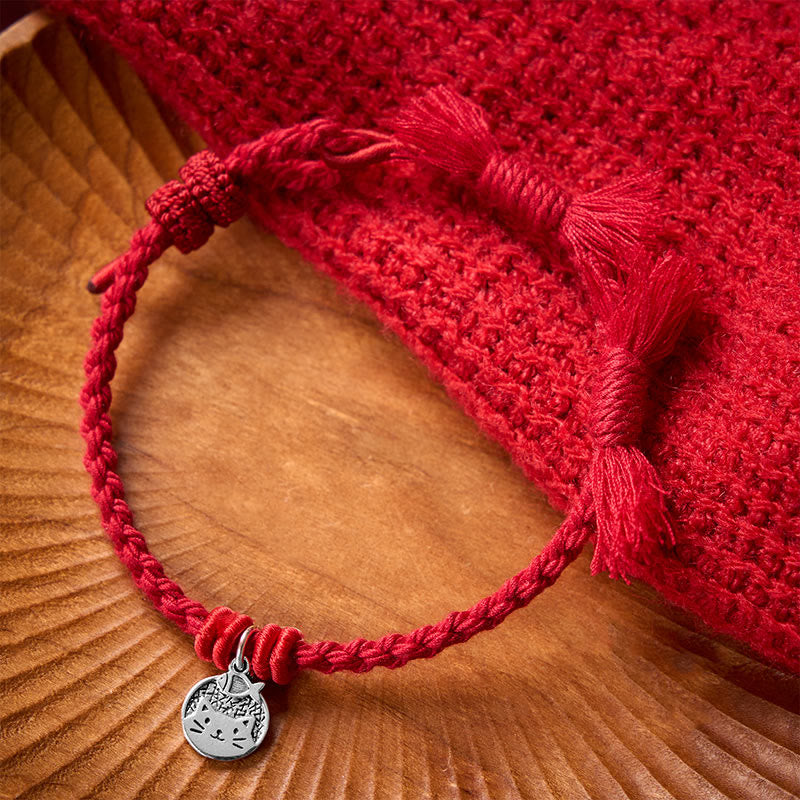 Buddha Stones 925 Sterling Silver Cute Cat Fish Protection Tibet Red String Adjustable Bracelet