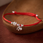 Buddha Stones 925 Sterling Silver Cute Cat Fish Red String Blessing Bracelet