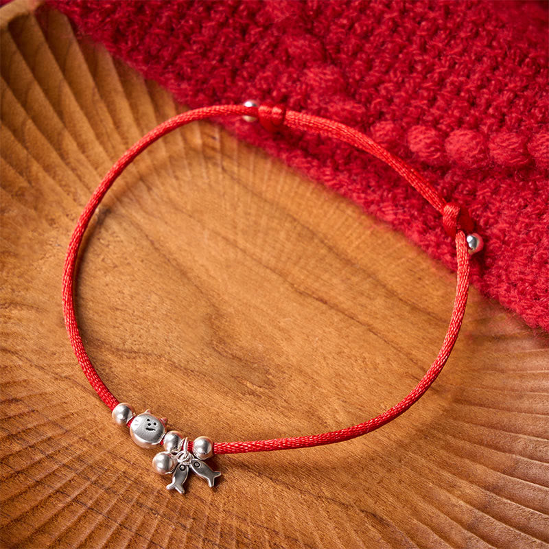 Buddha Stones 925 Sterling Silver Cute Cat Fish Red String Blessing Bracelet