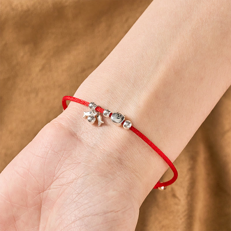 Buddha Stones 925 Sterling Silver Cute Cat Fish Red String Blessing Bracelet