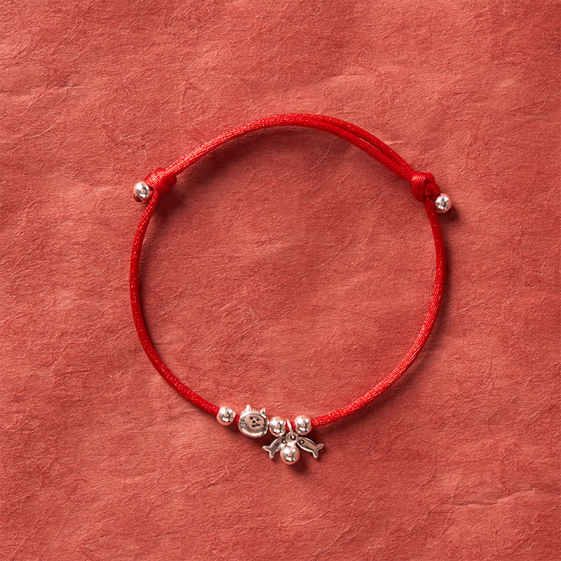 Buddha Stones 925 Sterling Silver Cute Cat Fish Red String Blessing Bracelet