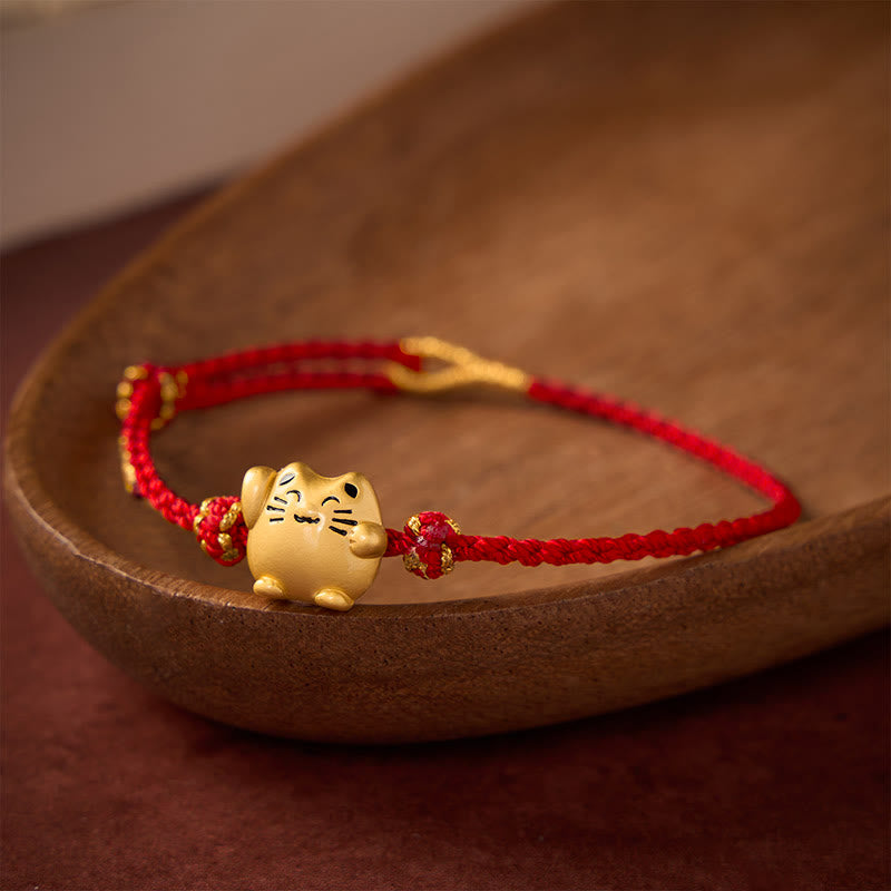 Buddha Stones Red String Copper Lucky Cat Protection Energy Bracelet