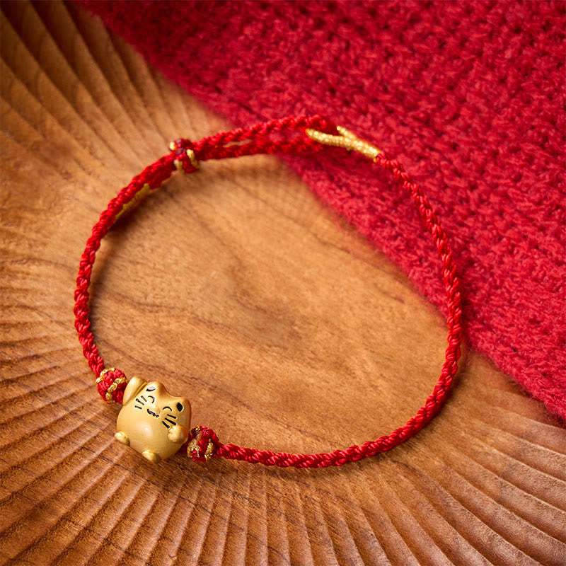 Buddha Stones Red String Copper Lucky Cat Protection Energy Bracelet