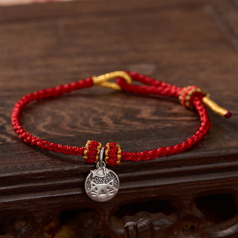 Buddha Stones 925 Sterling Silver Kitten Eating Fish Round Pendant Prosperity Red Black String Braided Bracelet