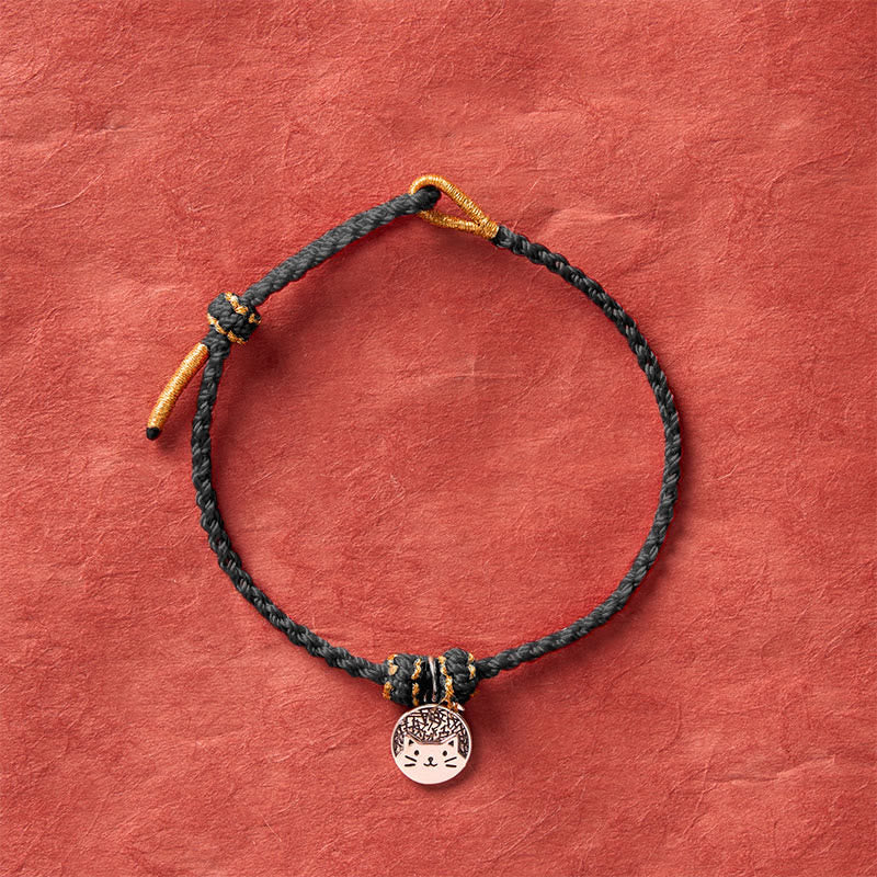 Buddha Stones 925 Sterling Silver Kitten Eating Fish Round Pendant Prosperity Red Black String Braided Bracelet
