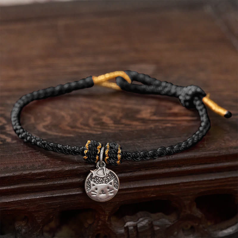 Buddha Stones 925 Sterling Silver Kitten Eating Fish Round Pendant Prosperity Red Black String Braided Bracelet