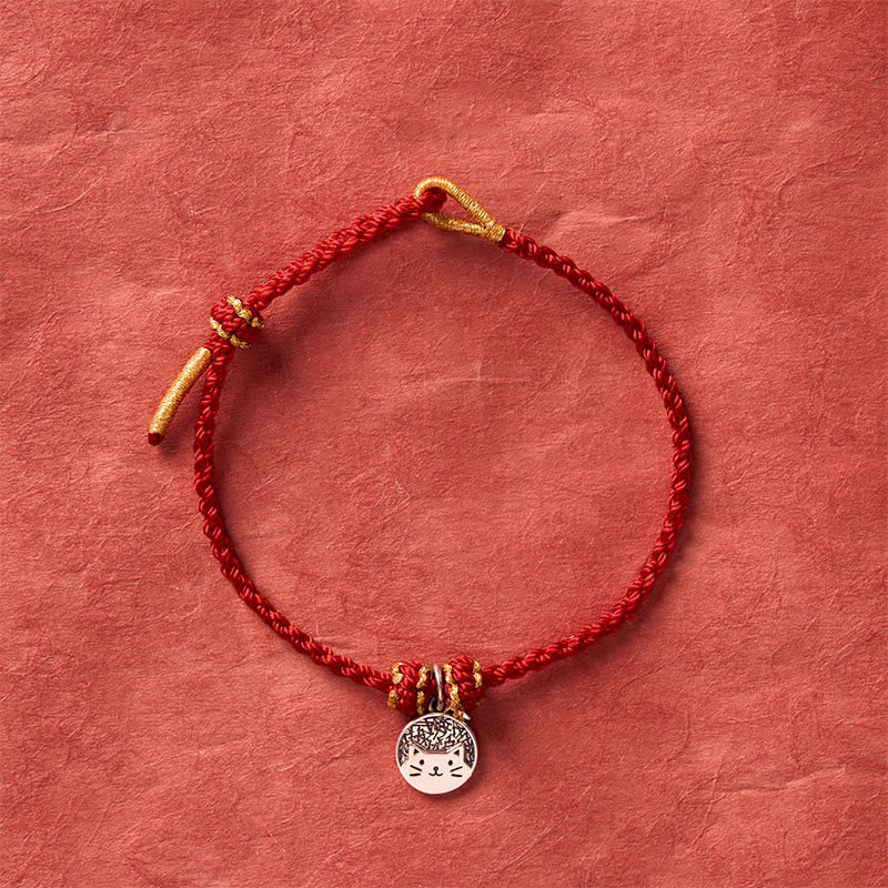 Buddha Stones 925 Sterling Silver Kitten Eating Fish Round Pendant Prosperity Red Black String Braided Bracelet