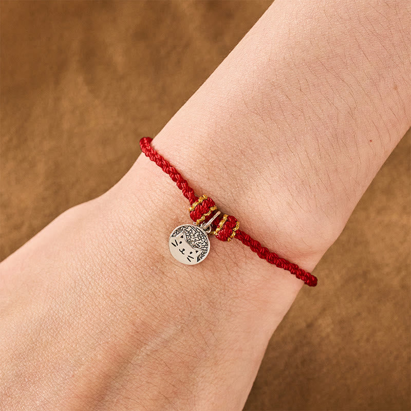 Buddha Stones 925 Sterling Silver Kitten Eating Fish Round Pendant Prosperity Red Black String Braided Bracelet
