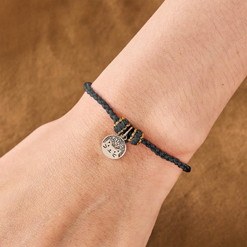 Buddha Stones 925 Sterling Silver Kitten Eating Fish Round Pendant Prosperity Red Black String Braided Bracelet