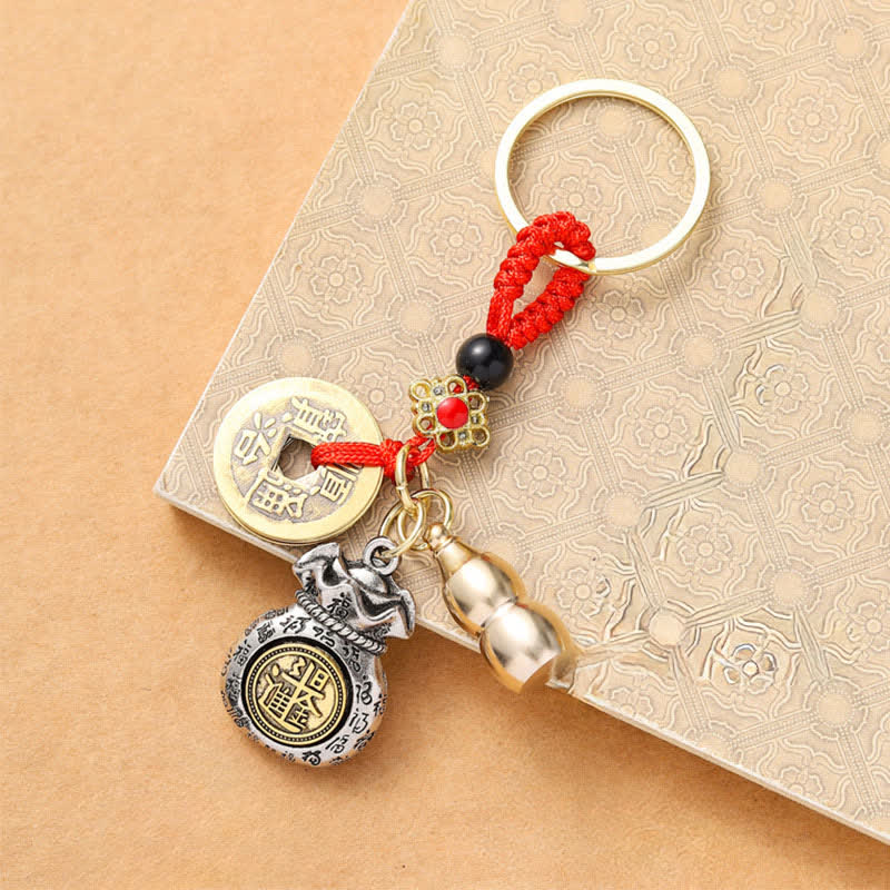 Buddha Stones Braided Red String Chinese Zodiac Five Emperor Coins Protection Keychains