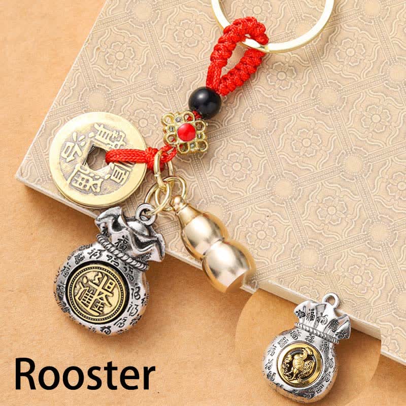 Buddha Stones Braided Red String Chinese Zodiac Five Emperor Coins Protection Keychains