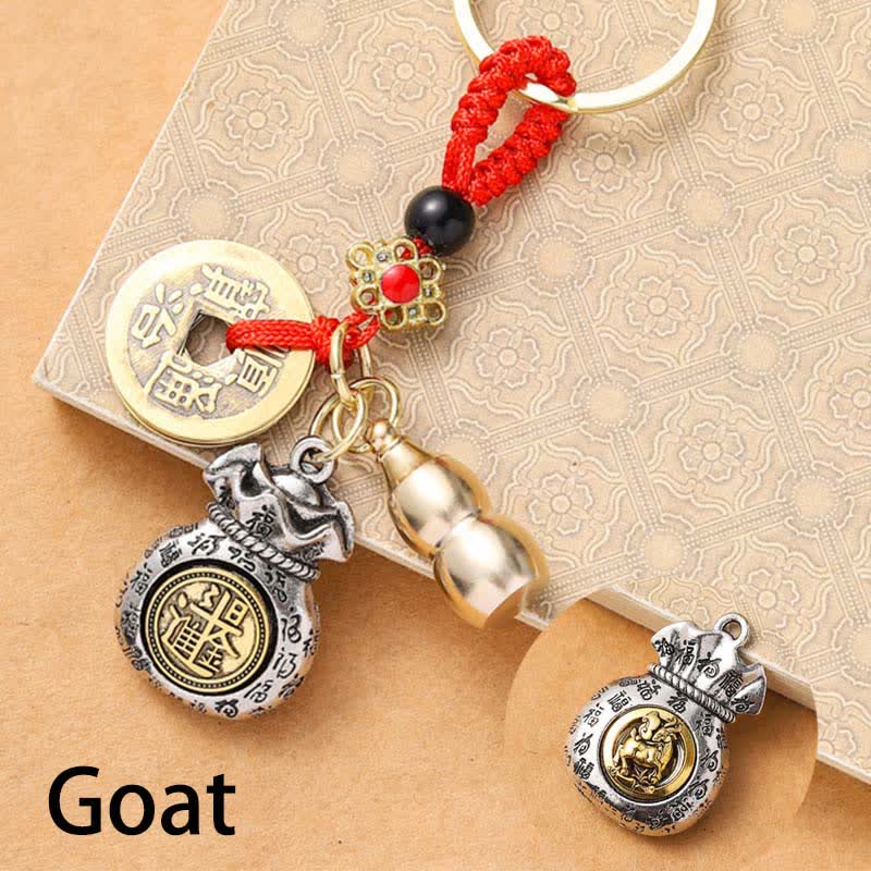 Buddha Stones Braided Red String Chinese Zodiac Five Emperor Coins Protection Keychains