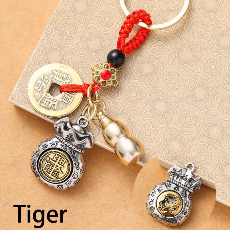 Buddha Stones Braided Red String Chinese Zodiac Five Emperor Coins Protection Keychains