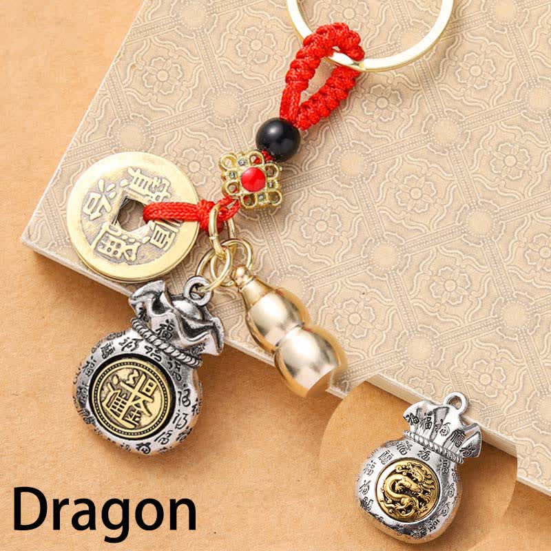 Buddha Stones Braided Red String Chinese Zodiac Five Emperor Coins Protection Keychains