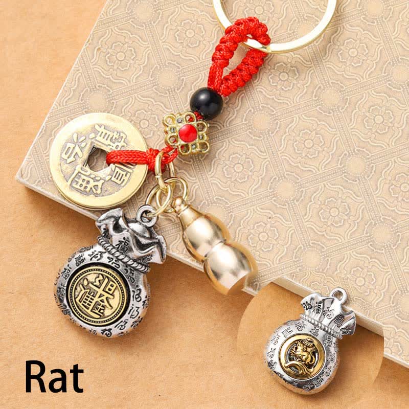 Buddha Stones Braided Red String Chinese Zodiac Five Emperor Coins Protection Keychains