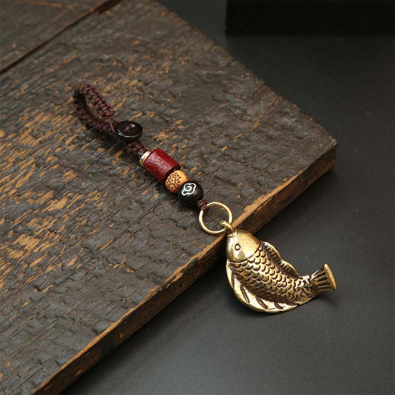 Buddha Stones Brass Koi Fish Gourd Five Emperor Coins Wealth Braided Keychains