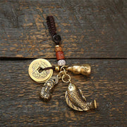 Buddha Stones Brass Koi Fish Gourd Five Emperor Coins Wealth Braided Keychains