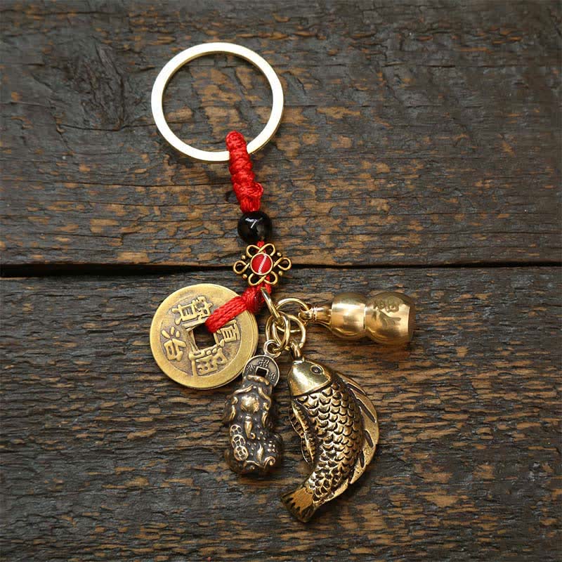 Buddha Stones Brass Koi Fish Gourd Five Emperor Coins Wealth Braided Keychains
