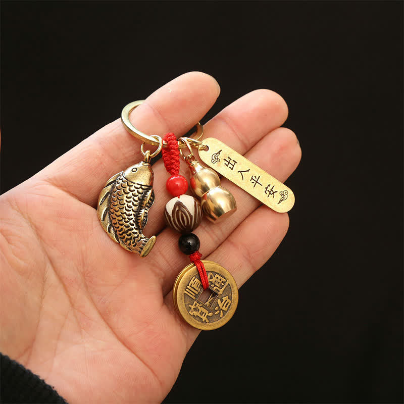 Buddha Stones Brass Koi Fish Gourd Five Emperor Coins Wealth Braided Keychains