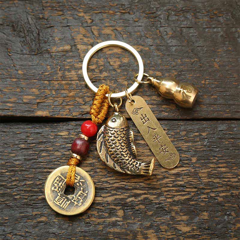 Buddha Stones Brass Koi Fish Gourd Five Emperor Coins Wealth Braided Keychains
