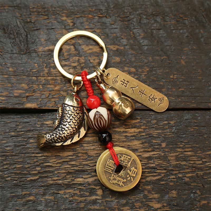 Buddha Stones Brass Koi Fish Gourd Five Emperor Coins Wealth Braided Keychains