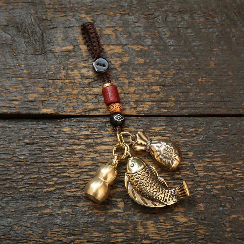 Buddha Stones Brass Koi Fish Gourd Five Emperor Coins Wealth Braided Keychains