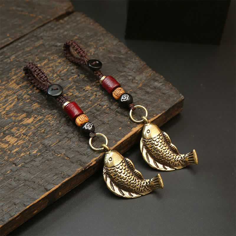 Buddha Stones Brass Koi Fish Gourd Five Emperor Coins Wealth Braided Keychains