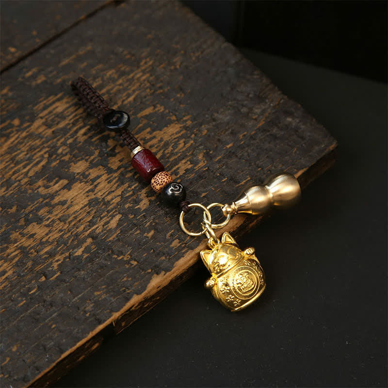 Buddha Stones Copper Lucky Cat Chinese Coin Gourd Pi Xiu Braided Keychains