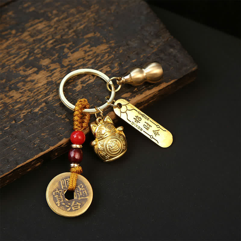 Buddha Stones Copper Lucky Cat Chinese Coin Gourd Pi Xiu Braided Keychains
