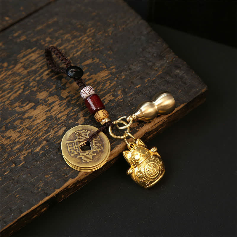 Buddha Stones Copper Lucky Cat Chinese Coin Gourd Pi Xiu Braided Keychains
