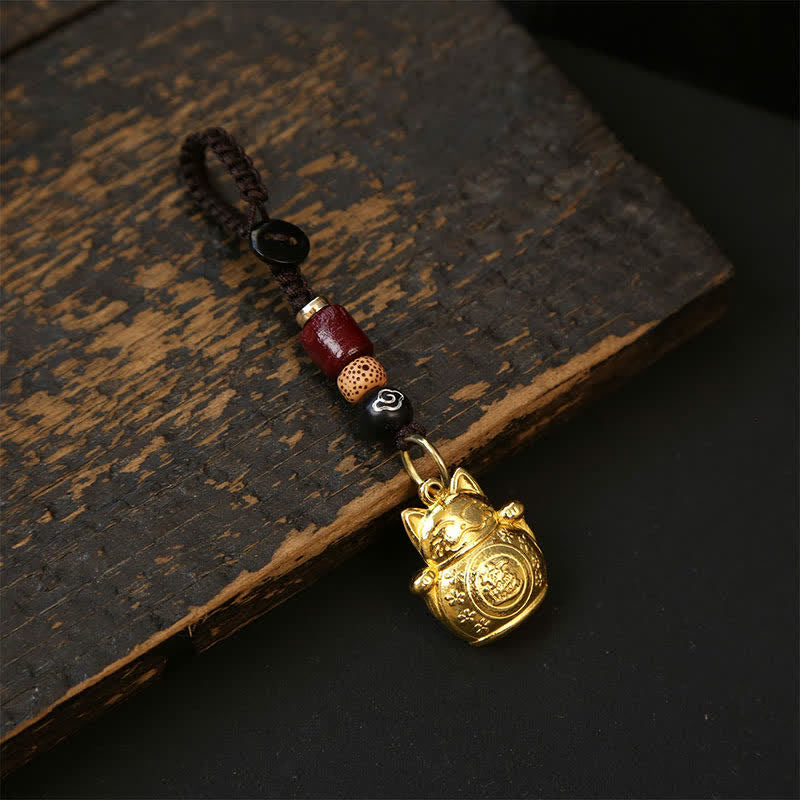 Buddha Stones Copper Lucky Cat Chinese Coin Gourd Pi Xiu Braided Keychains