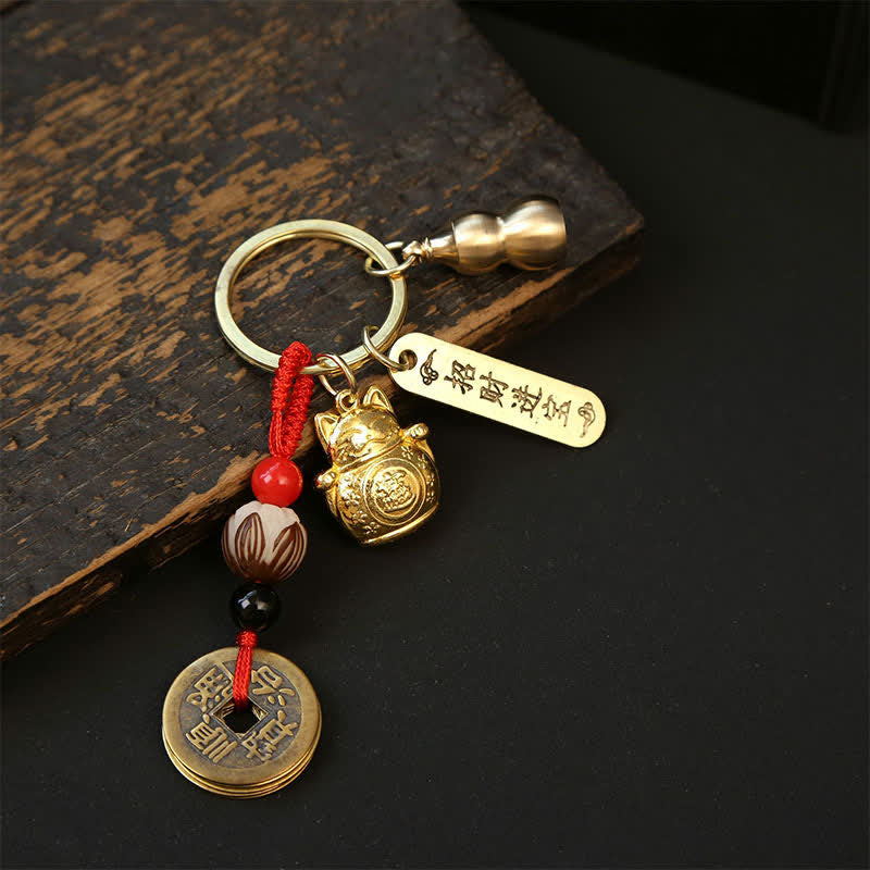 Buddha Stones Copper Lucky Cat Chinese Coin Gourd Pi Xiu Braided Keychains