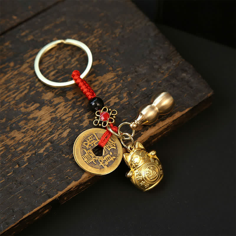 Buddha Stones Copper Lucky Cat Chinese Coin Gourd Pi Xiu Braided Keychains