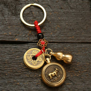 Buddha Stones Copper Chinese Zodiac Five Emperor Coins Red String Wealth Keychains
