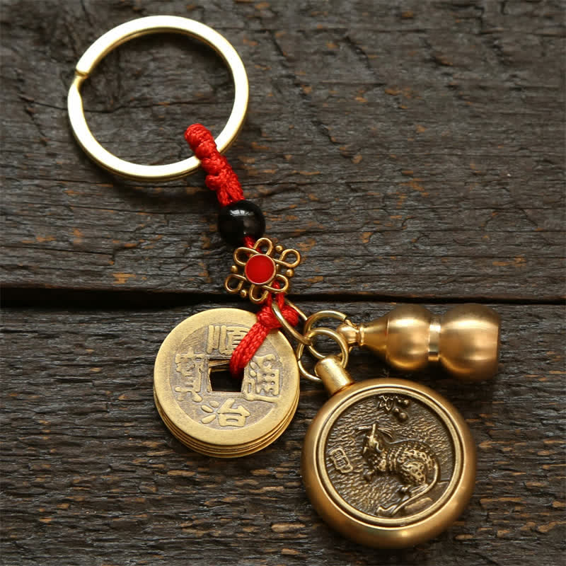 Buddha Stones Copper Chinese Zodiac Five Emperor Coins Red String Wealth Keychains