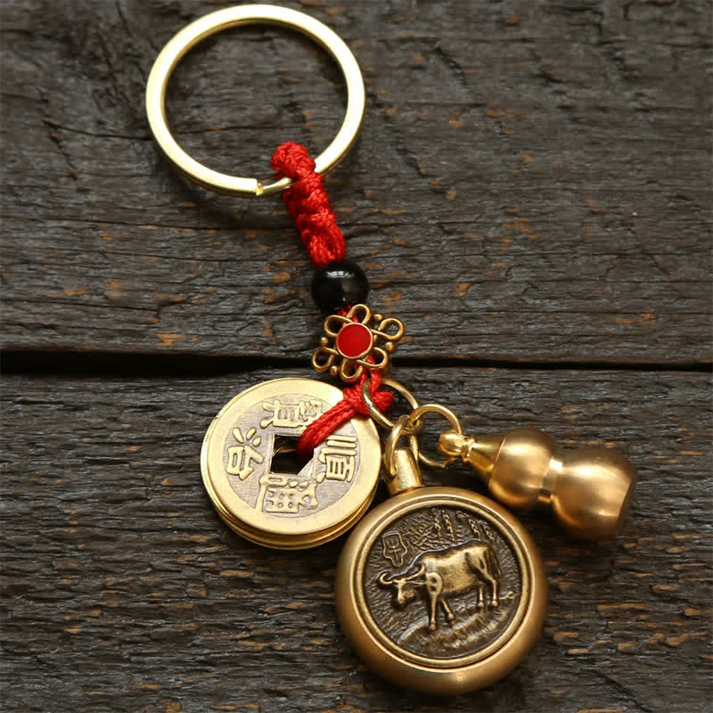 Buddha Stones Copper Chinese Zodiac Five Emperor Coins Red String Wealth Keychains