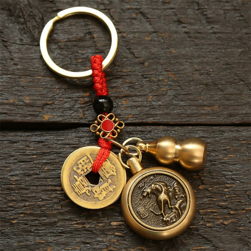 Buddha Stones Copper Chinese Zodiac Five Emperor Coins Red String Wealth Keychains