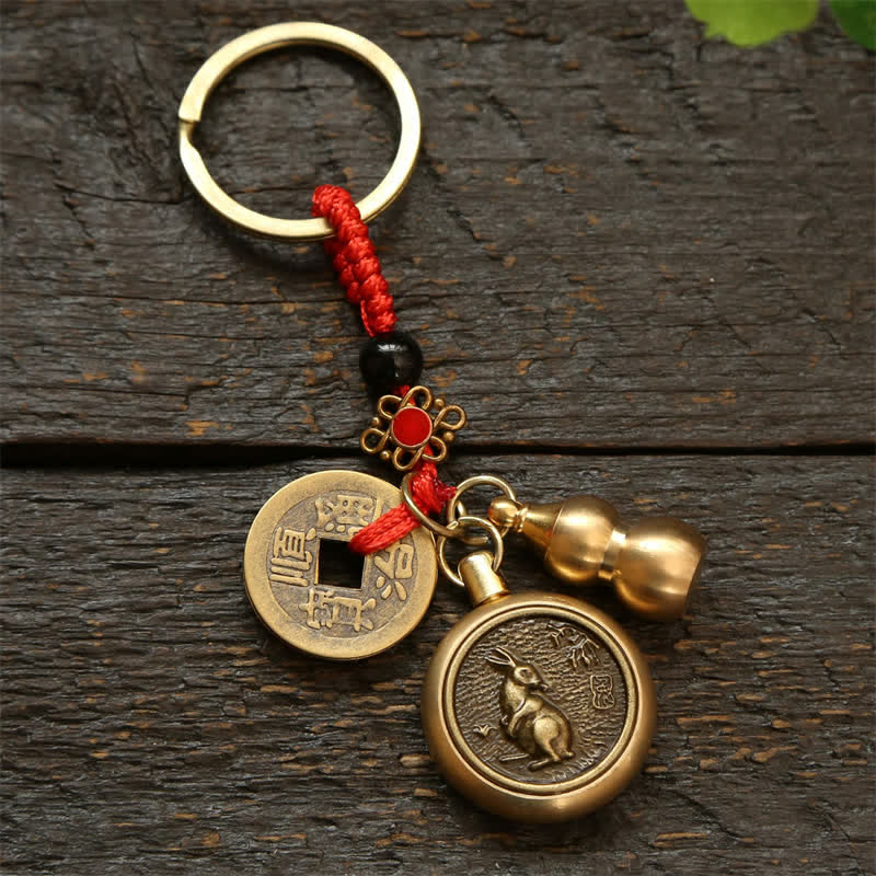 Buddha Stones Copper Chinese Zodiac Five Emperor Coins Red String Wealth Keychains