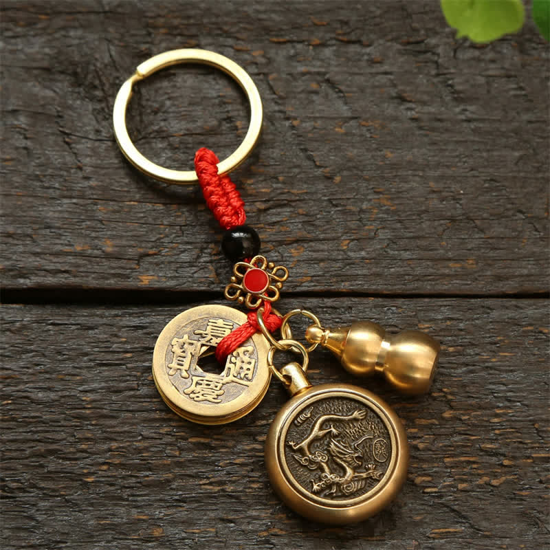 Buddha Stones Copper Chinese Zodiac Five Emperor Coins Red String Wealth Keychains