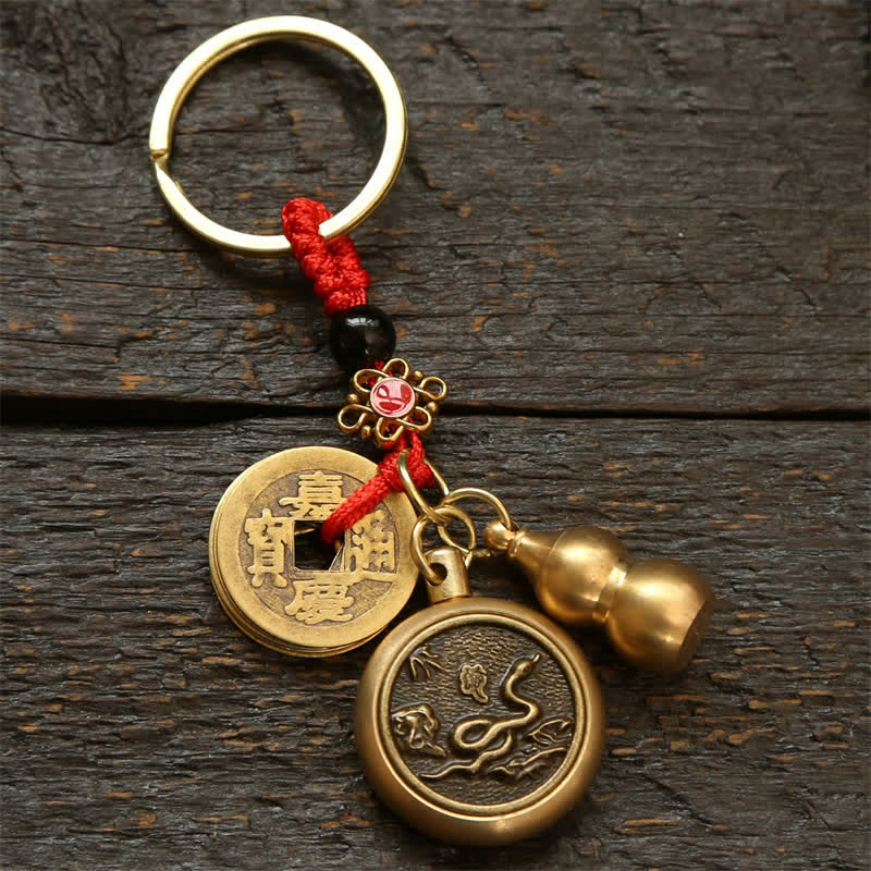 Buddha Stones Copper Chinese Zodiac Five Emperor Coins Red String Wealth Keychains