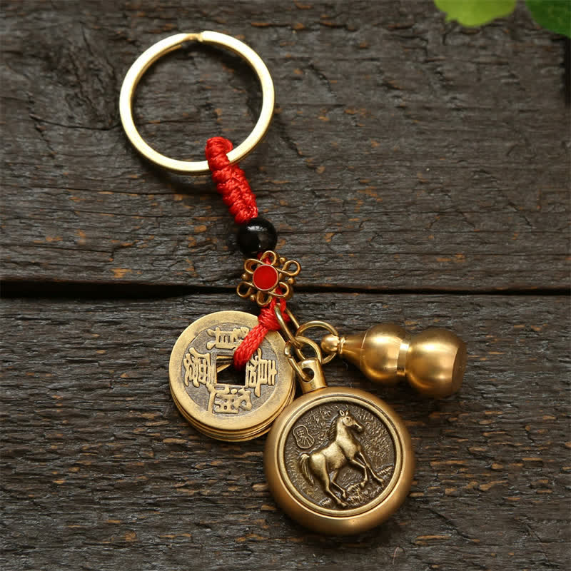 Buddha Stones Copper Chinese Zodiac Five Emperor Coins Red String Wealth Keychains