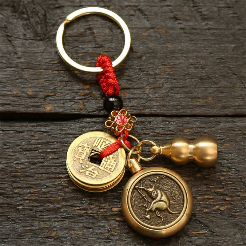 Buddha Stones Copper Chinese Zodiac Five Emperor Coins Red String Wealth Keychains