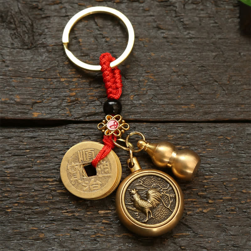 Buddha Stones Copper Chinese Zodiac Five Emperor Coins Red String Wealth Keychains