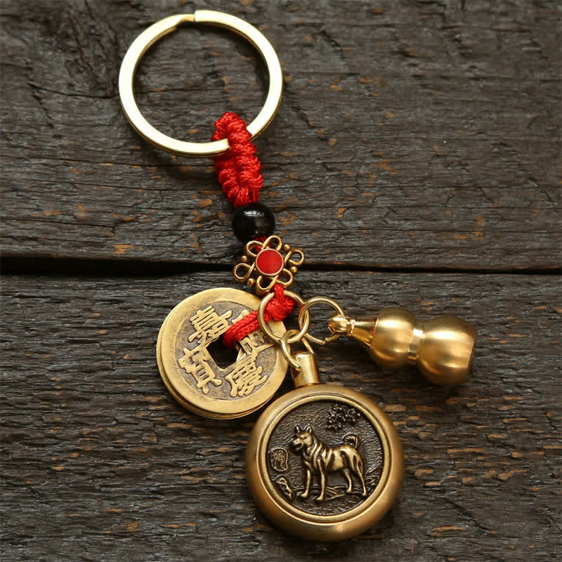 Buddha Stones Copper Chinese Zodiac Five Emperor Coins Red String Wealth Keychains