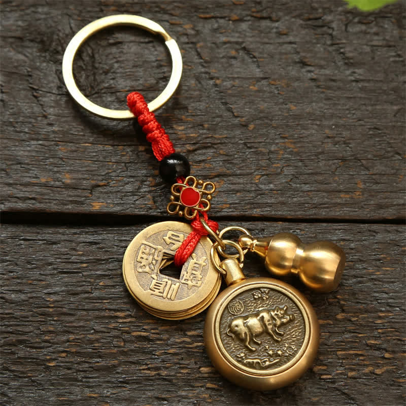 Buddha Stones Copper Chinese Zodiac Five Emperor Coins Red String Wealth Keychains