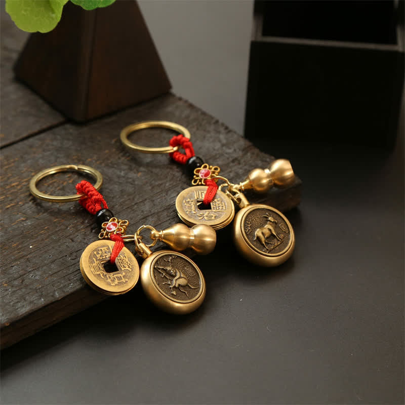 Buddha Stones Copper Chinese Zodiac Five Emperor Coins Red String Wealth Keychains