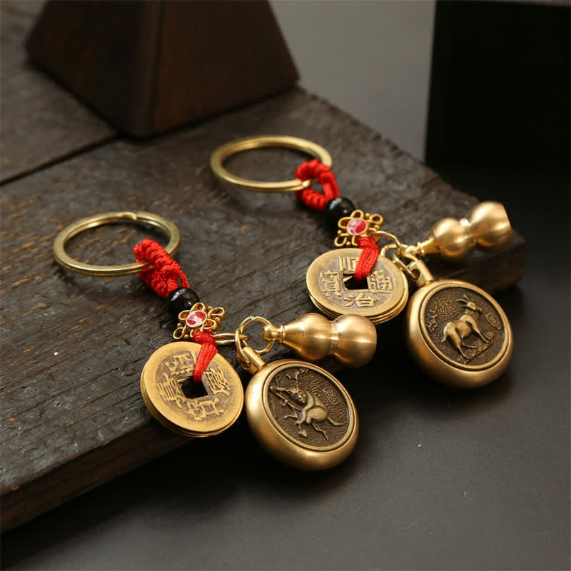 Buddha Stones Copper Chinese Zodiac Five Emperor Coins Red String Wealth Keychains